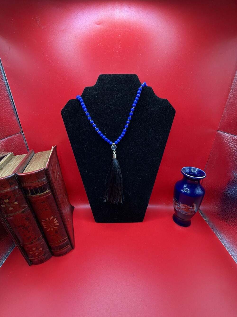 Blue Beaded Tassel Necklace With Gemstone Accents